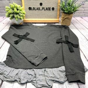 ROEBUCK & CO Gray Sweatshirt with Black Bow accents & Ruffle Stripe Hem-…